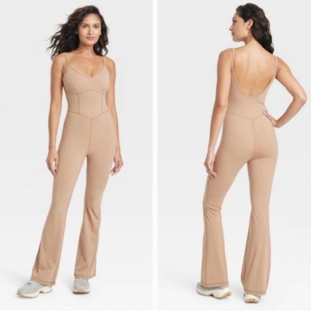 JoyLab Tan Jumpsuit with Flared Legs and Square Neckline